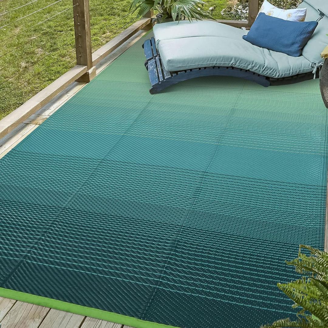Lahome Outdoor Patio Rug Waterproof 6x9,Plastic Straw Rug Reversible,Large Porch Carpet Floor Decor,Portable Outside Camping Mats for Picnic Balcony Tent Deck, Blue-Green 6x9