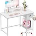Pamray 39 Inch Computer Desk with Monitor Stand Small Home Office Desks with Non-Woven Storage Drawer for Bedroom Study Table Writing and Work Desk White,White Leg