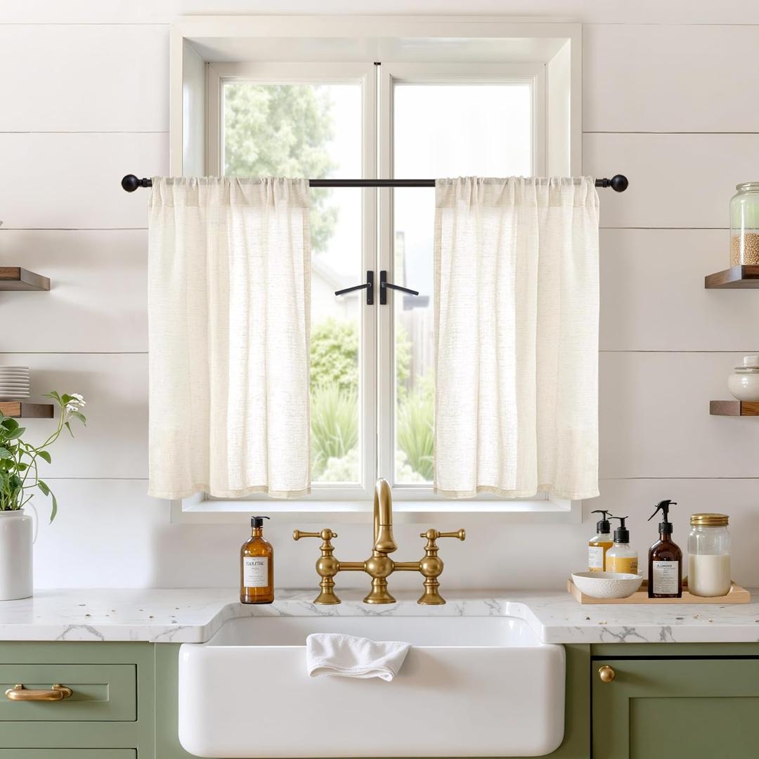 BGment Cafe Linen Curtains 30 Inch Length for Small Window, Beige Half Window Drapes Semi Sheer Lightweight with Rod Pocket for Bathroom Kitchen Over Sink, 2 Panels Set, 24 Inch Wide Each Panel