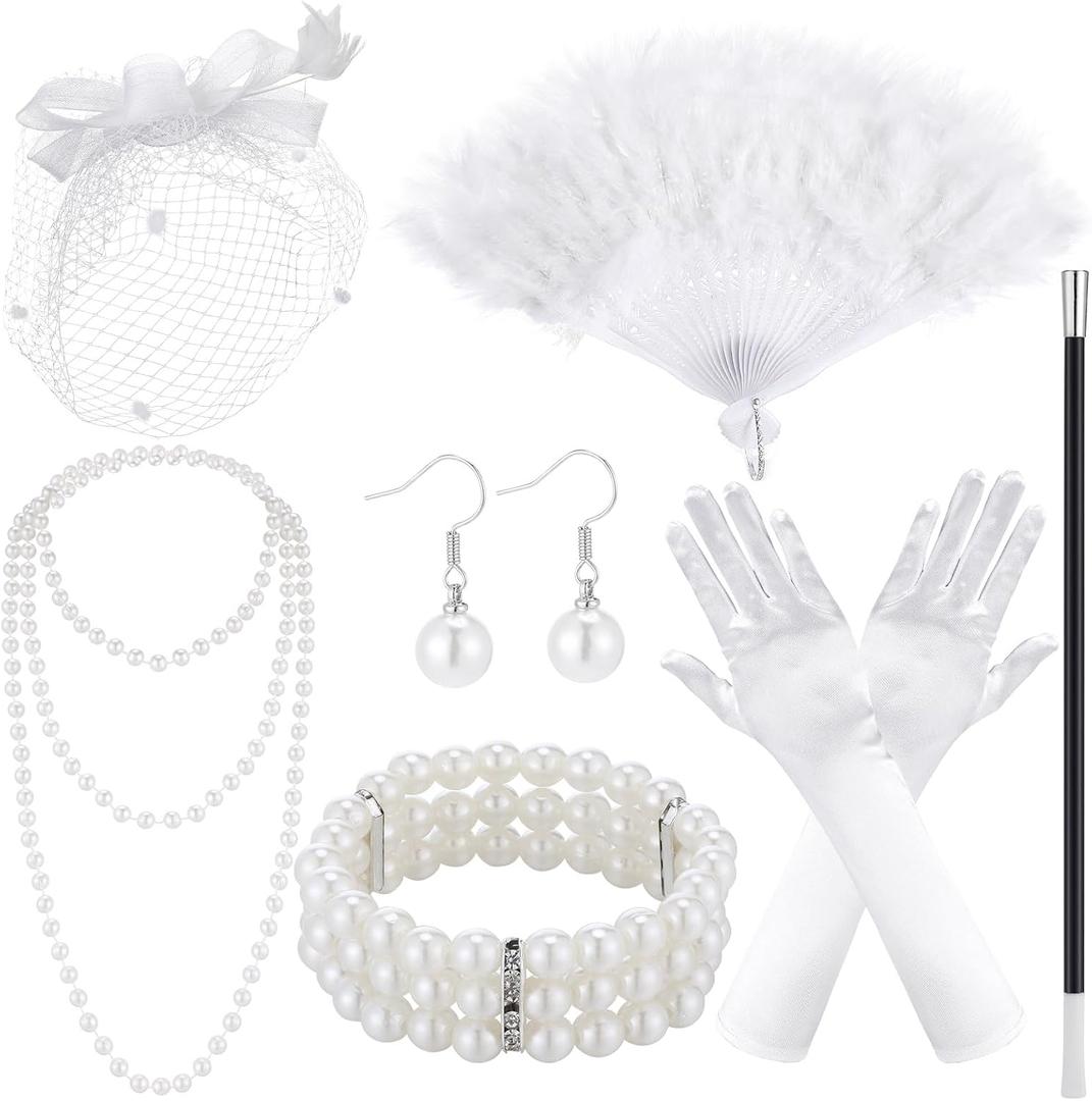 Xaatren Tea Party Costume Accessories Set Black Funeral Hat with Veil Fan and Satin Gloves for Halloween Women Costume (White)