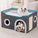 Foldable cat Bed, Cat Beds for Indoor Cats, Large Cat Cave for Pet Cat House with Fluffy Ball Hanging and Scratch Pad, Providing Entertainment for Cats (Grey, Double)