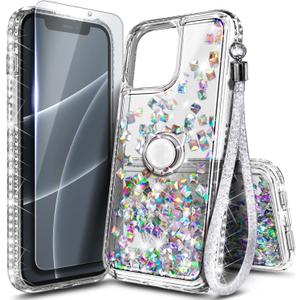 NGB Designed for iPhone 14 Pro Case, Crystal Gem | Glitter Liquid Sparkle Cute Cover for Women Girls Kids | with Tempered Glass Screen Protector & Ring Holder & Wrist Strap