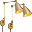 SUNLLOK 2PCS Modern Swing Arm Plug in Wall Sconces - Rustic Adjustable Gold Lampshade Hanging Wall Light Fixture - Industrial Metal Reading Wall Mounted Lamp Decoration for Living Room, Kids Bedroom