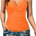 Womens Tankini Swimsuits with Shorts - Two Piece Tummy Control Bathing Suits Top with Two Pockets Swim Bottom (Small, Orange Floral)