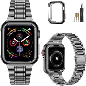 MioHHR Solid Stainless Steel Band Compatible with Apple Watch 45mm, Metal Strap with Soft TPU Case for iWatch Series 9 8 7 45mm Women and Men, Space Gray