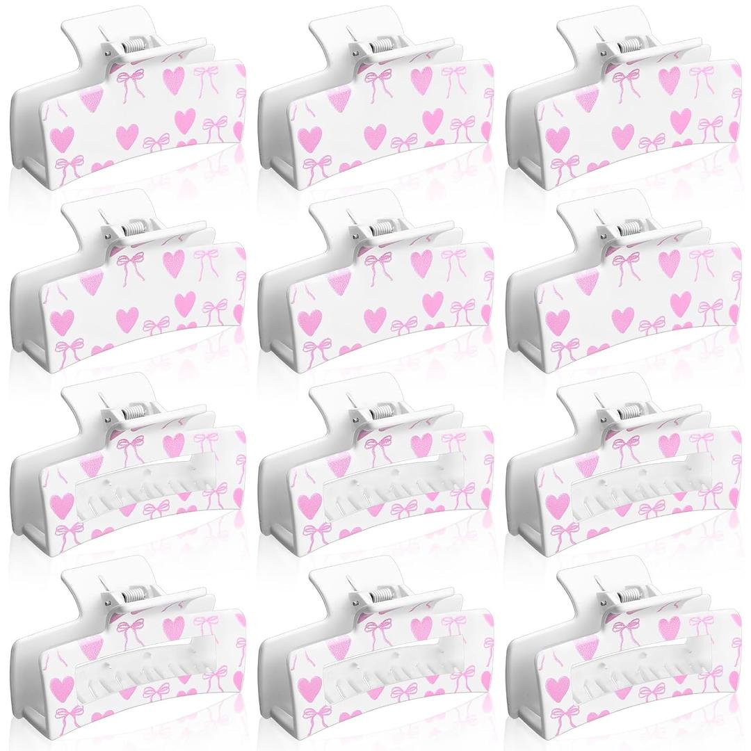 Janinka 12pcs Coquette for Girls Pink Bow Hair Clips 3.35 Inch Square Preppy Bow Heart Rectangular Hair Claw Clips Pink Bachelorette Party Accessories