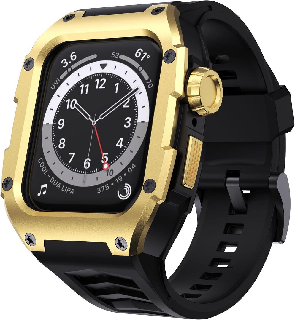 Band Compatible with Apple Watch Series 6 44mm Band Men Rugged Case Stainless Metal Cover with Heavy Duty Band Sport Strap Shockproof for Watch Series 6 SE 5 4, Gold