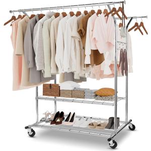 Whitmor Heavy Duty Clothing Rack: Adjustable & Extendable Rolling Garment Rack with Lockable Wheels, Double Rod Clothing Racks with 2 Bottom Shelves, Max Load 500LBS for Hanging Clothes, Chrome