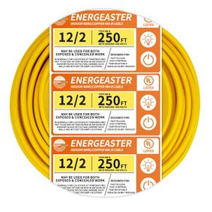 Energeaster Solid Indoor 12/2 W/G NMB Cable 250ft, Electrical Wire, Yellow