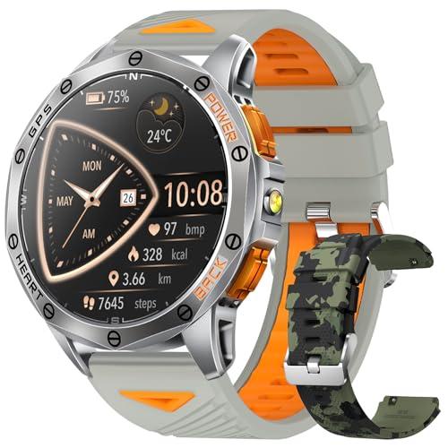 Military Smart Watches Built-in GPS, 170+ Sport Modes for Men with Flashlight, Smartwatch for Android Phones and iPhone, 1.43" AMOLED Screen Bluetooth Call Compass Altimeter (Sivler & Camo (2 Bands))