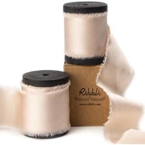 Ribbli Light Champagne Silk Satin Ribbon 1.5 Inch x 12 Yard Handmade Frayed Chiffon Ribbon with Wooden Spool for Gift Wrapping, Wedding Invitations, Bridal Bouquets, Home Decor