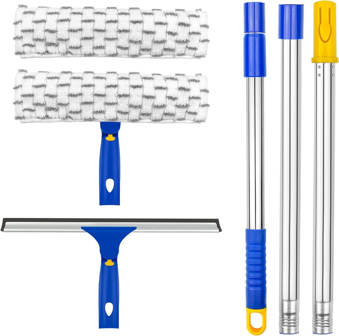 ITTAHO Window Squeegee Cleaner Tool,Window Cleaning Kit with Extension Pole,12" Squeegee and 11" Microfiber Scrubber Combi,Window Washing Equipment for Car, Indoor,Outdoor, High Windows-2 Pads (Blue)