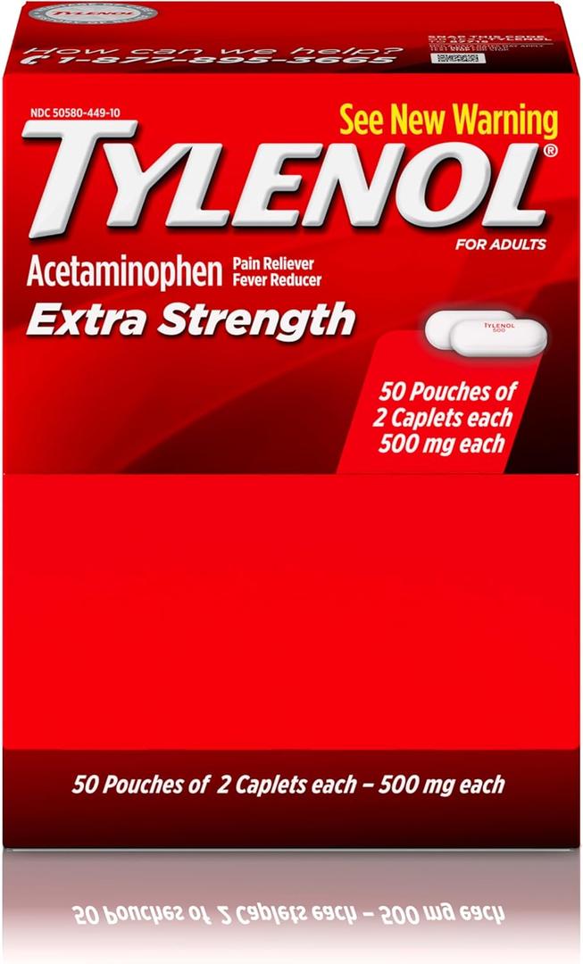 Tylenol Extra Strength Acetaminophen Caplets, 500 mg, Pain Relief & Fever Reducer for Headache, Backache, Toothache, Menstrual Cramps & Pain, Travel-Friendly Packaging, 2-Caplet Pouches, 50 Count, Expiry: 2029/MAR