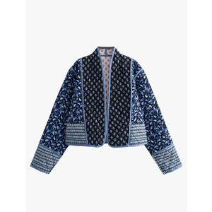 Wyeysyt Women's Cropped Puffer Quilted Jacket Cardigan Floral Printed Lightweight Long Sleeve Open Front Short Padded Coats M