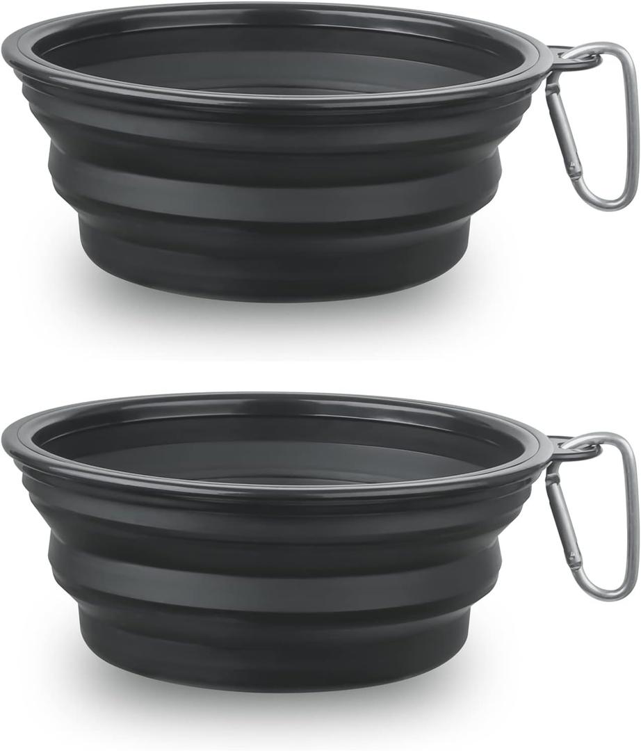 Large Dog Bowl Pet Collapsible Bowls, 2 Pack Collapsible Dog Water Bowls for Cats Dogs, Portable Pet Feeding Watering Dish for Walking Parking Traveling with 2 Carabiners (Large, Black+Black)