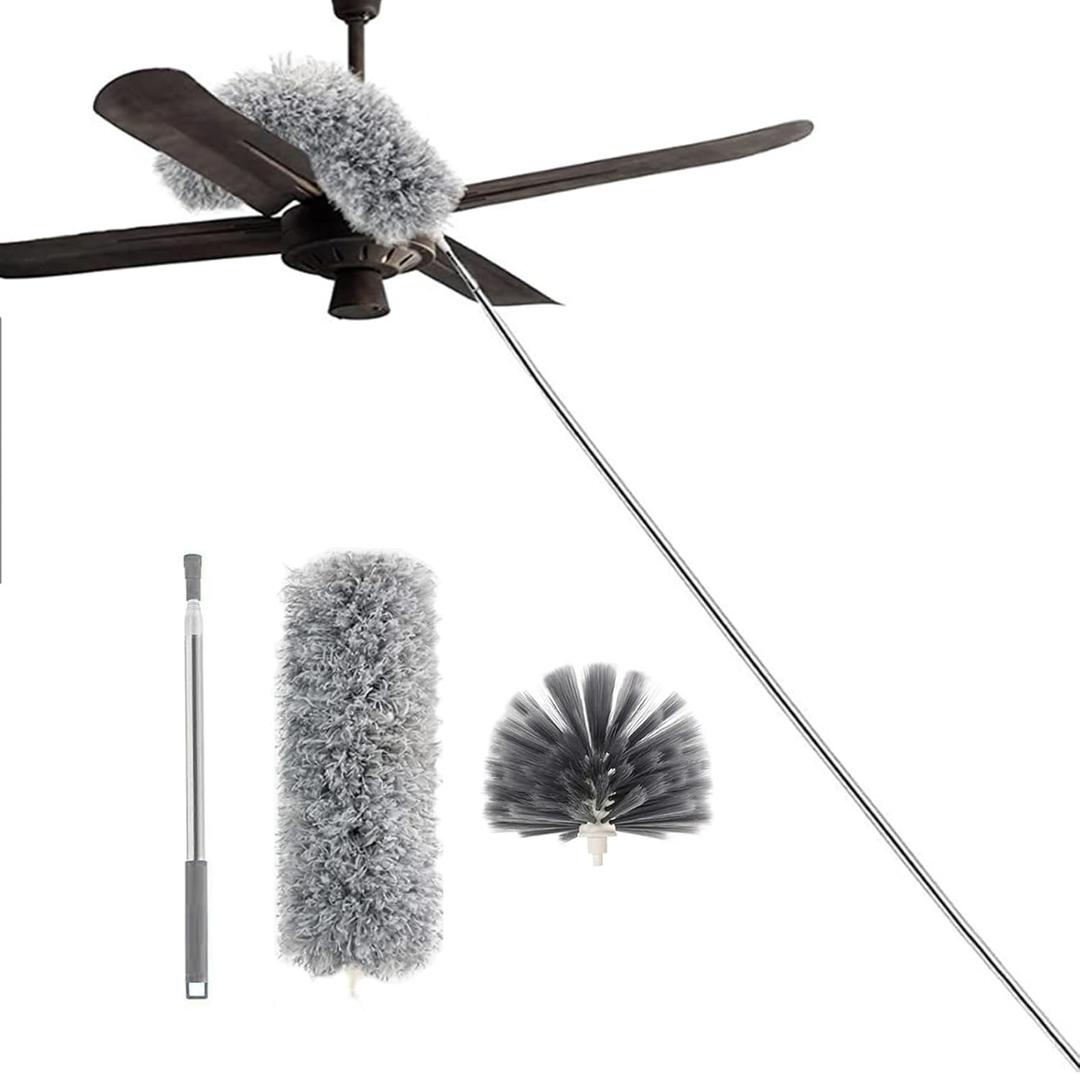 Cobweb Duster with Extension Pole, Ceiling Cobweb Cleaner Kit with 2 Duster Heads, 15-100 Inch Telescopic Microfiber Cleaning Duster, Corner Dusting Tool for High Walls, Fans, Blinds Gray (White)