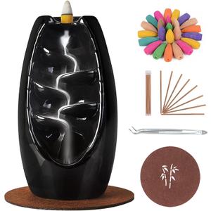SPACEKEEPER Backflow Incense Holder Ceramic Incense Burner Waterfall, Aromatherapy Ornament Home Decor with 120 Backflow Incense Cones & 30 Incense Stick, Jet Black (Jet Black)