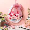 Lineshading Spring Tulip Basket Wreath for Front Door Happy Spring Basket Wreath Pink Tulip Artificial Floral Hanging Baskets Flower for Easter Holiday Party Farmhouse Window Porch Door Decor