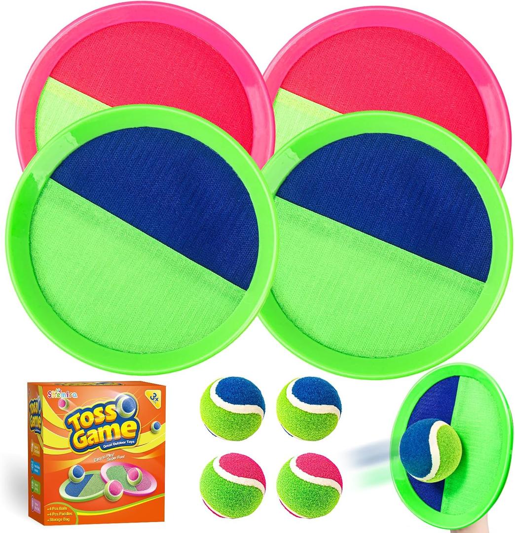 Shemira Toss and Catch Ball Game Set, Outdoor Outside Toys for Kids Ages 3 4 5 6 7 8-12, Beach Pool Yard Lawn Outdoor Games, Birthday Summer Gifts for Kids, 4 Paddles 4 Balls