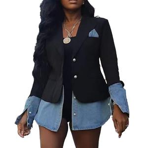Tbahhir Women's Blazer Jacket Denim Patchwork Long Sleeve Lapel Button Down Casual Office Jean Trendy Coat L