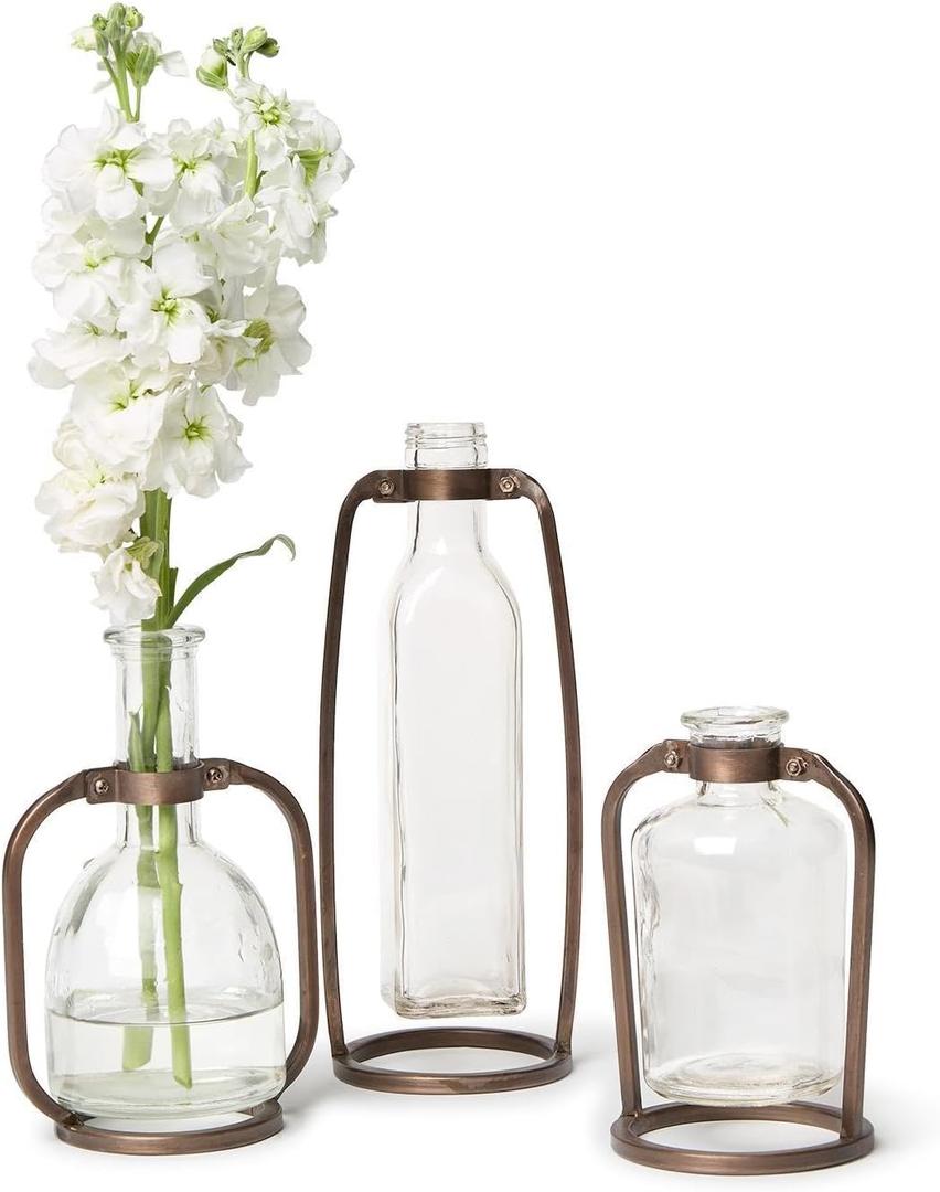 Two's Company Glass Bottle Vases with Metal Stand, 9.5-Inch, Iron, Set of 3