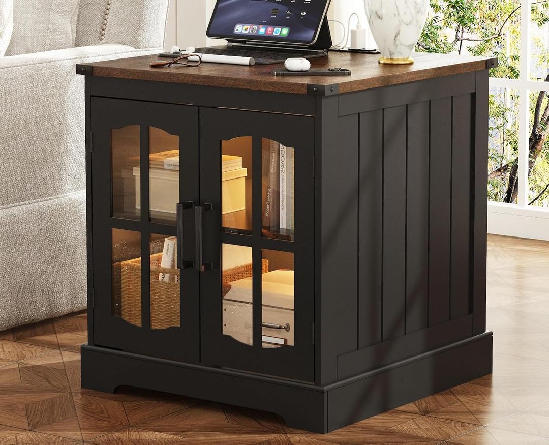 ChooChoo Rustic End Table, 24" Large Sofa Side Table with Charging Station & LED Light, Black Nightstand with Adjustable Storage Shelf, Square Bedside Table for Living Room, Bedroom, Office