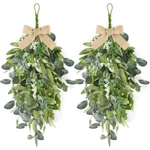 22" Eucalyptus Wreaths for Front Door 2 PCS Greenery Teardrop Swag Spring Summer Wreath with Eucalyptus Olives Leaves Mixed Berry for Farmhouse Home Porch Wall Window Festival Wedding Decor