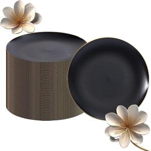 EI enjonirinjonir 80pcs Black Dessert Plates with Gold Rim,7.5inch Heavy Duty Disposable Matte Plastic Party Platos Frosted Small Black Dessert/Cake/Appetizer Plastic Plates for Wedding/Tea Party