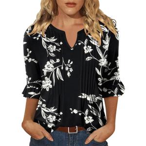 KISSMODA Womens 3/4 Length Sleeve Tops Summer Blouses Spring Ruffle Tunic T-Shirts Dressy Casual (Black, L)