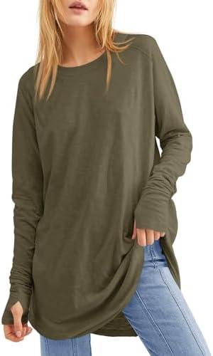 Fisoew Women's Casual Long Sleeve Tops Crew Neck Round Hem Loose T-Shirts Tunic Tops with Thumb Holes L