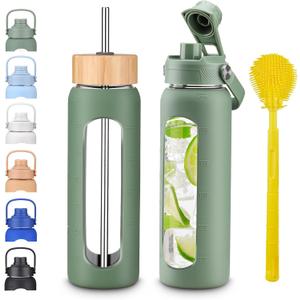 24 oz Glass Water Bottles with Straw and Lid 1 Liter Borosilicate Glass Tumbler With Silicone Sleeve and 2 Lids, Handle Spout & Bamboo Straw Lid, Leakproof BPA Free for Gym, Office, Home & Travel (Olive)
