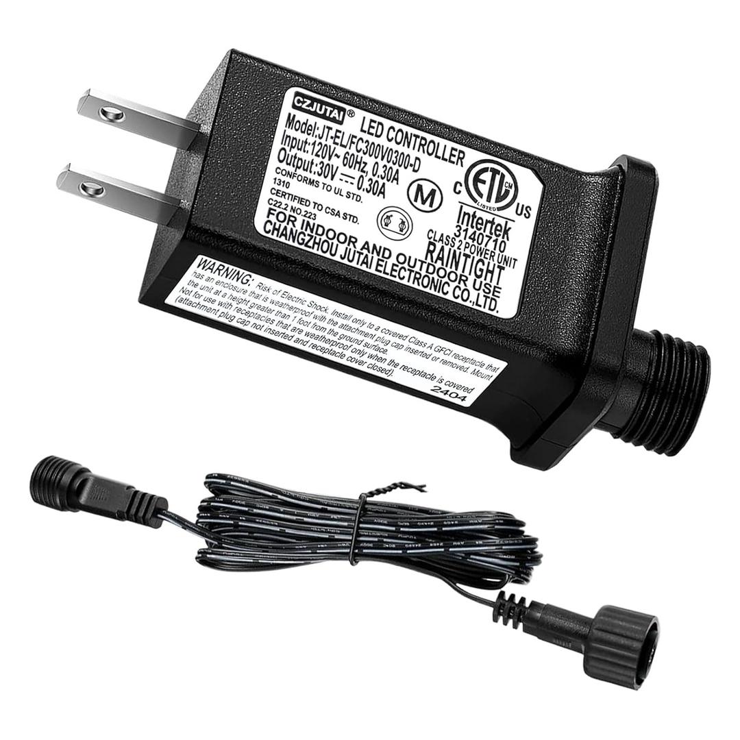 30V 0.3A Class 2 Power Supply Replacement LED Transformer IP44 LED Light Controller Low Voltage Transformer for Christmas String Light Inflatable Device (30V9W 8Modes 1PC)