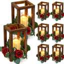 18 Pcs Wedding Wooden Lantern Centerpiece | Rustic Wooden Candle Lantern with Red Rose Candle Rings Wreaths LED Candles, Farmhouse Country Table Decor
