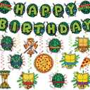Birthday Decorations Set Include Banner and Hanging Swirls Green Happy Birthday Banner, Pizza and Turtle Pattern Double-sided Cutouts with Hanging Swirls Indoor Outdoor