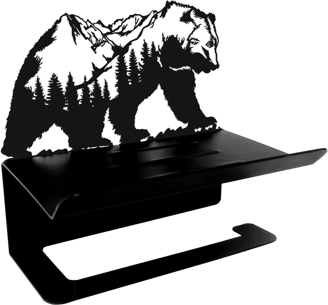Bear Toilet Paper Holder with Shelf - Rustic Bathroom Wall Decor for Cabin, Lodge, Farmhouse - Animal Themed Organizer for Toilet Paper & Bathroom Essentials