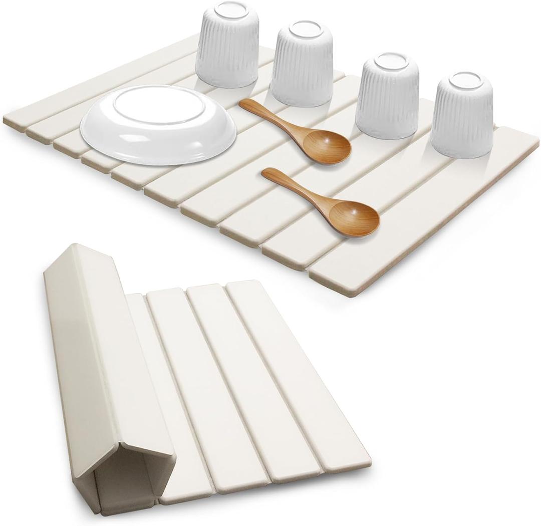AIFLM Large Stone Dish Drying Mats for Kitchen Counter , Quick Dry Absorbent Collapsible Dish Drying Mat, 24”(L)x16”(W) Diatomaceous Earth Mats for Dishes Bottles Cups,Match Any Countertop Beige