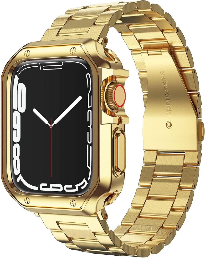 Compatible with Apple Watch Band and Case, Stainless Steel Metal Chain with TPU Cover, Smart-Watch Link Bracelet Strap, Wrist-Band for i-Watch Series 9 8 7 6 5 4 3 2 1 SE, 45mm 44mm 42mm, Gold (45/44/42mm)