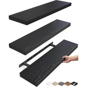 BAYKA Floating Shelves for Wall, Set of 3, 22.5 Inches Wall Mounted Rustic Wood Shelves for Bathroom, Bedroom, Living Room or Kitchen Decor, Storage for Books, Lego, Plants, Daily Necessities, Black
