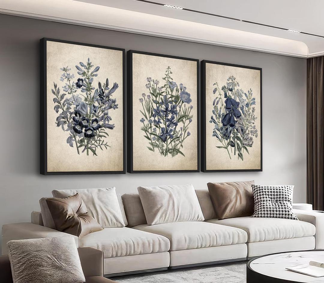 Large Framed Botanical Wall Art - Jane Loudon Floral Wall Decor Set of 3 Vintage Flower Painting Prints Retro Rustic Morning Glory Canvas Pictures for Living Room Bedroom Office Artwork 20"x28" Each