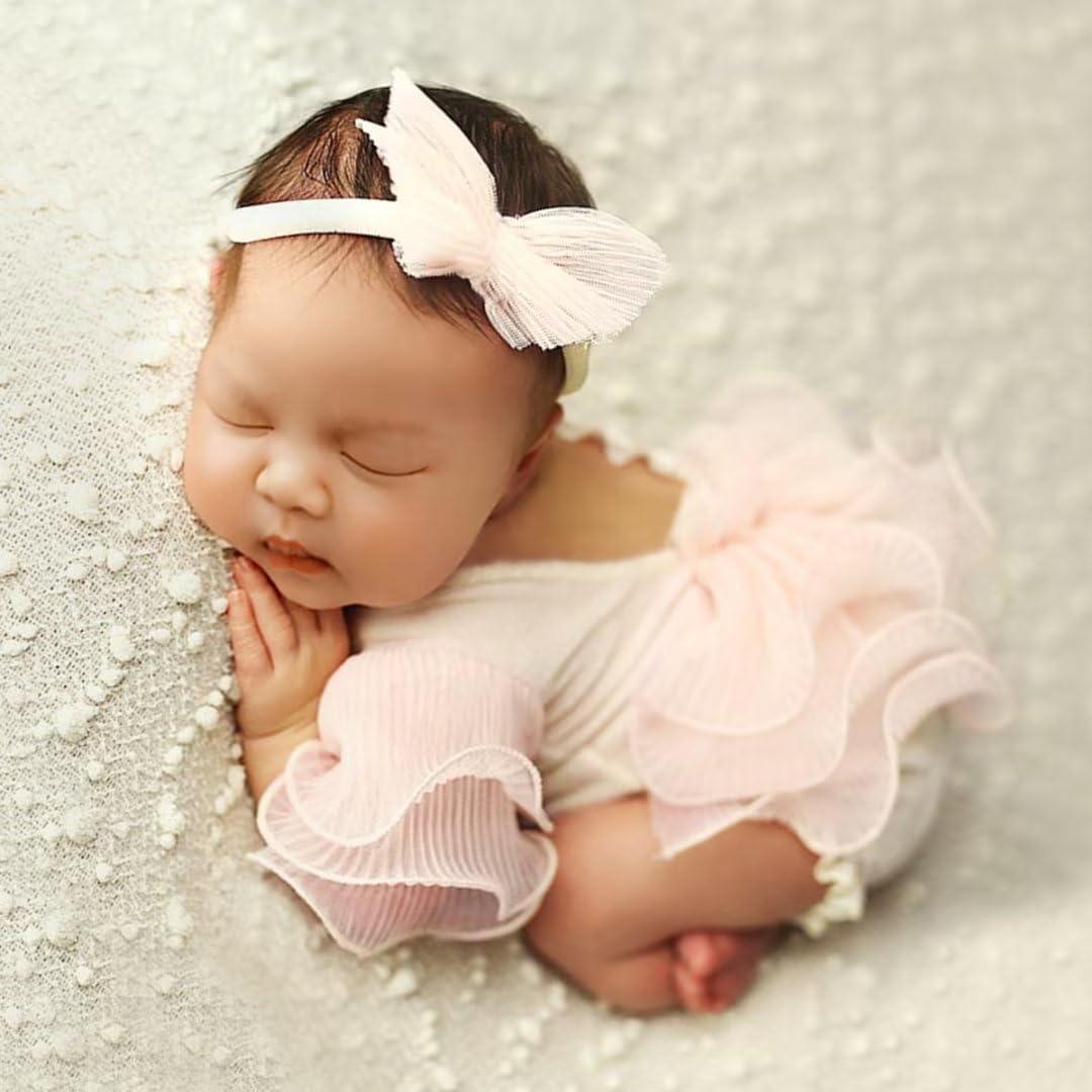 Ylsteed Newborn Photography Outfits Girl Lace Romper with Headband Photo Shoot Outfits Girls Photo Props - Ruffles Beige