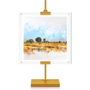 Yaocom Adjustable Metal Easel Stand with Acrylic Floating Photo Frame 16.5" Tabletop Frame Stand for Display, Poster or Signs Floor Heavy Duty Easel for Weeding Home Exhibition Restaurant(Gold)
