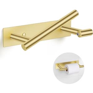 Brushed Gold Toilet Paper Holder, Adhesive or Screw Toilet Roll Holder Wall Mount, SUS304 Stainless Steel Double Post Pivoting Toilet Roll Holder for Bathroom, Kitchen, Washroom