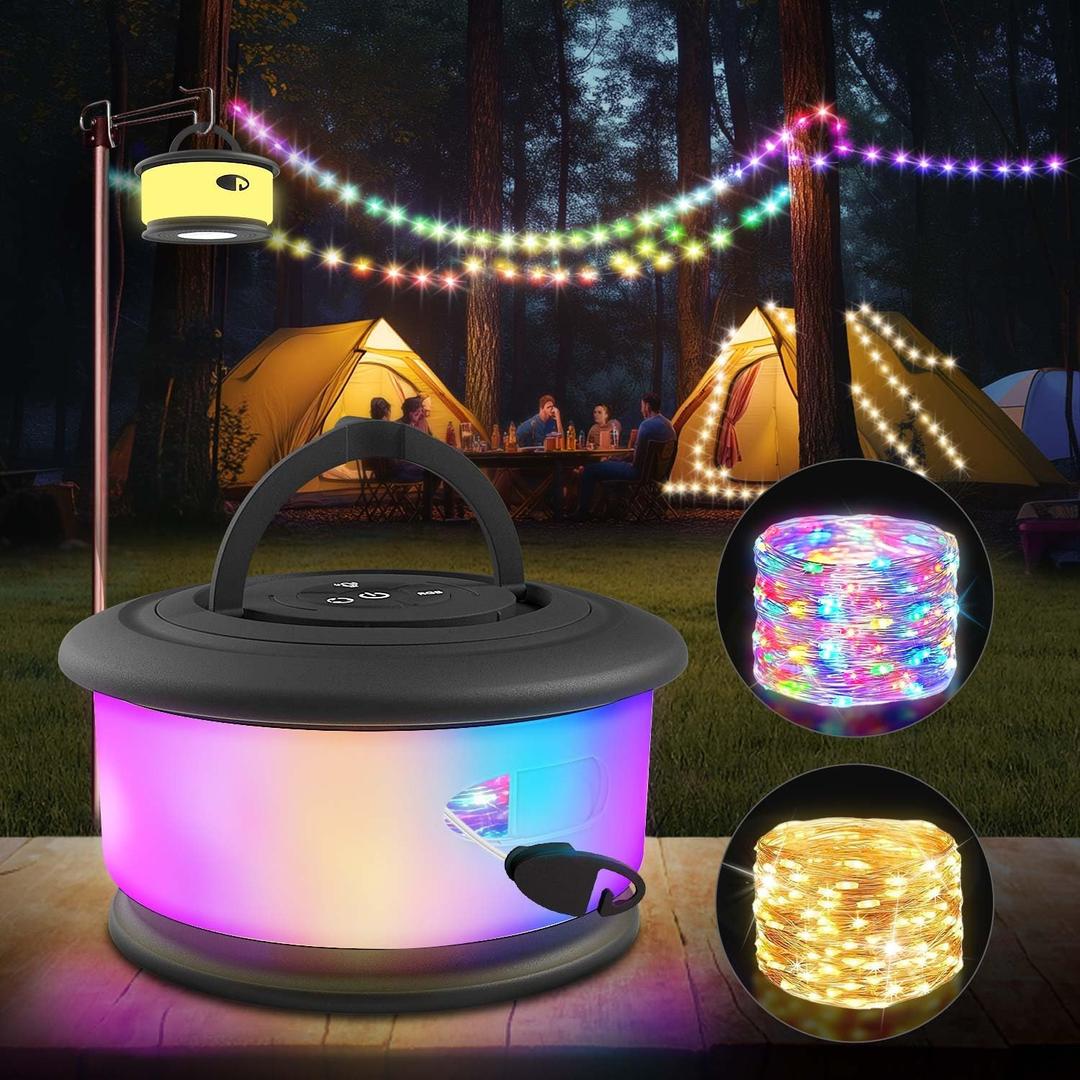 Camping String Lights,2 in 1 Upgraded 32.8FT Rechargeable Tent Lights String with 19 Lighting Modes,Quick Storage Camping LightsPortable LED Lamp for Bedroom Yard Decor Christmas Camping(Black)