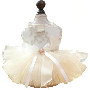 Luxury Dog Dress for Small Dogs Girl, Champagne Tulle Pet Dress with Embroidered Bowknot & D-Ring, Cat Princess Costume, Dog Wedding Dress, Puppy Formal Tutu Outfit 8.3-10lbs(Champagne,M)