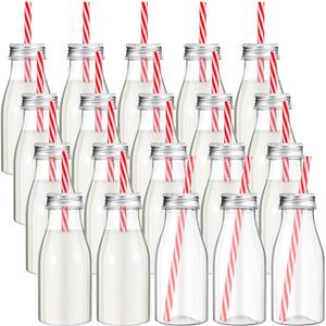 Yinkin 20 Set Plastic Milk Bottles with Straws Metal Lids Clear Plastic Containers for Dairy Milk Party Bottle for Juices Shakes Smoothies(10 oz,Red, White)