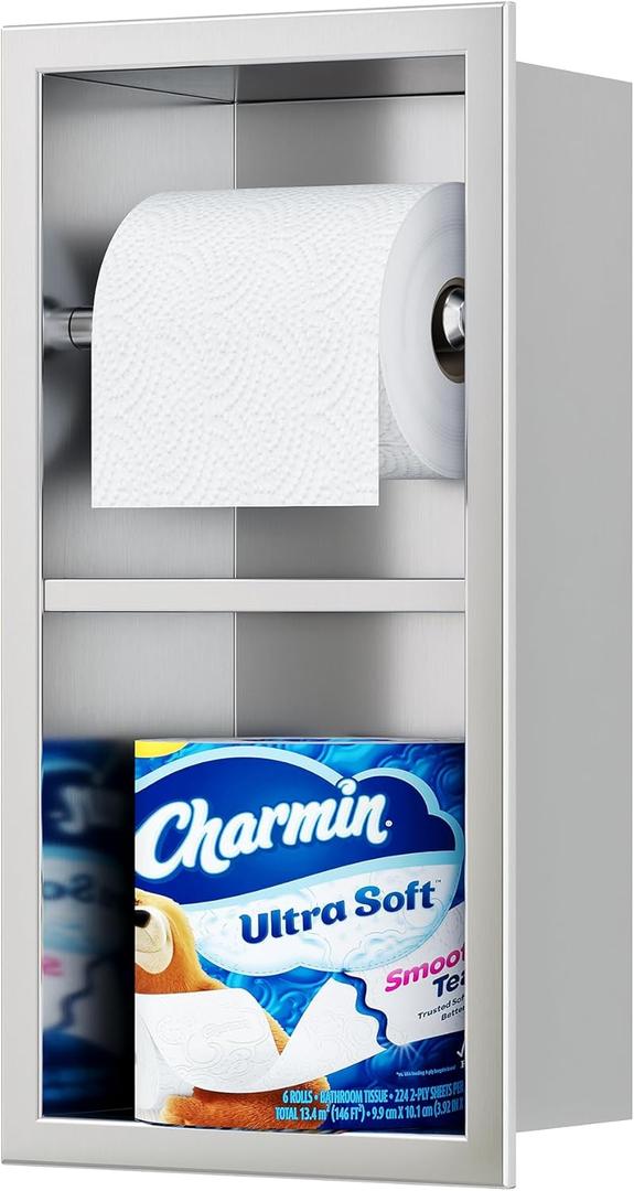 Qeke Recessed Toilet Paper Holder, 304 Stainless Steel Bathroom Toilet Paper Holder with Storage, in Wall Tissue Toilet Roll Holder, Brushed Nickel