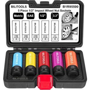BILITOOLS 1/2 inch Drive Impact Lug Nut Socket Set, Metric 17-19 - 21 mm & SAE 13/16-7/8 inch Non-Marring Thin Wall Wheel Nut Socket