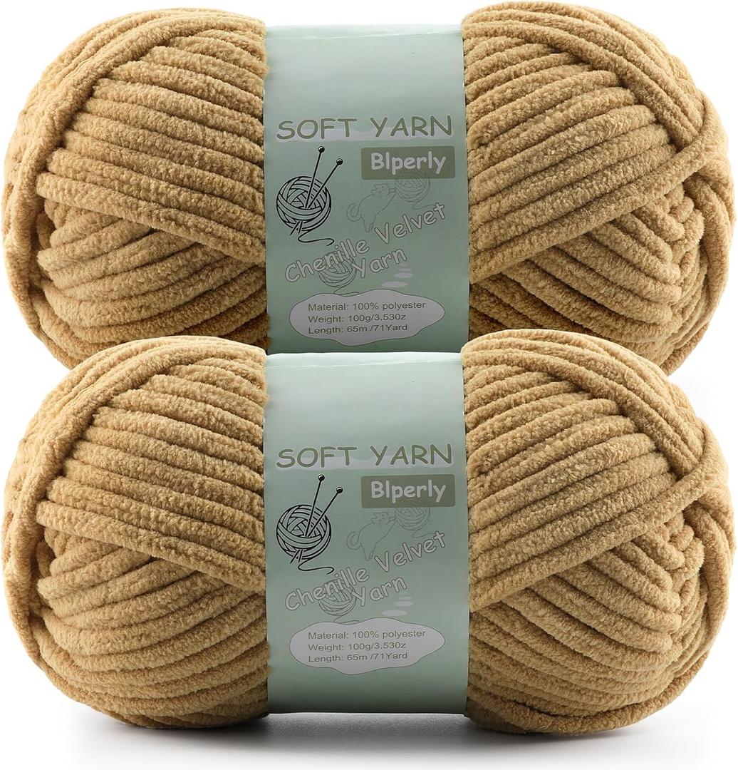 Chunky Chenille Yarn Velvet Soft Super Bulky Size 6 for Crocheting Knitting, Baby Blanket Yarn, 100g 71 Yds per Skein, Easy to Use for Scarves, Amigurumi, Crafts (2, Khaki)