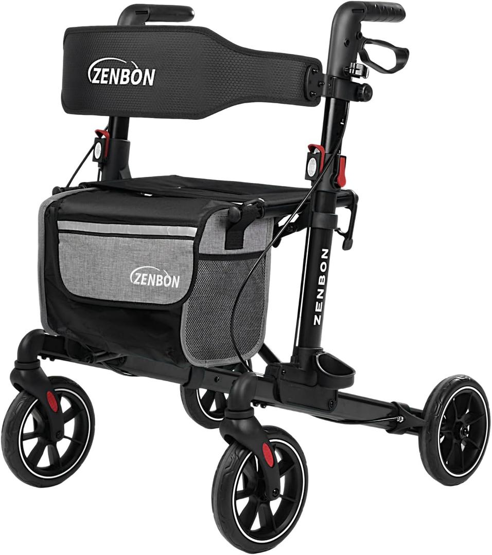 Rollator Walker for Seniors/Adults Foldable in Two Directions Rolling Walker with Seat 330 lbs Capacity 4 Big 8 inch Wheels Hand Grips Adjustable Height Lightweight Aluminum Walker 7204(Black)