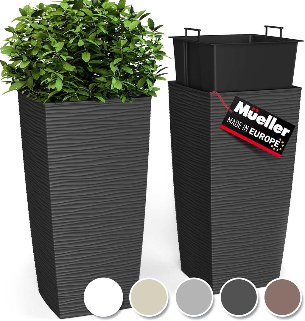 Mueller M-Resin Heavy Duty Tall Planters for Outdoor Plants, Indoor Grande Plant Pots, Boxes, Trees, Flower Pots, 2-Piece Set, 27.5, Modern Design, Built-in Drainage, Front Porch Decor, Dark Grey